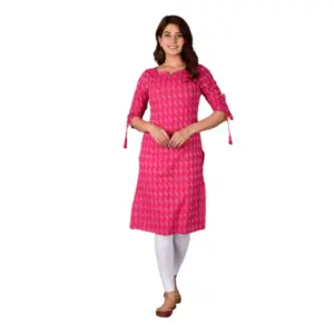 Women's Casual Cotton 3-4th Sleeve Kurti (Pink)