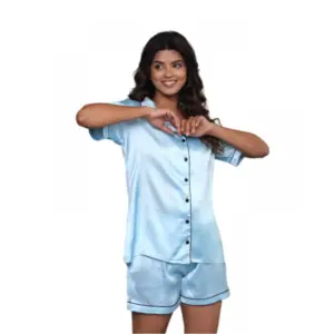 Women's Casual Satin Half Sleeve Night Suit Set (Blue)