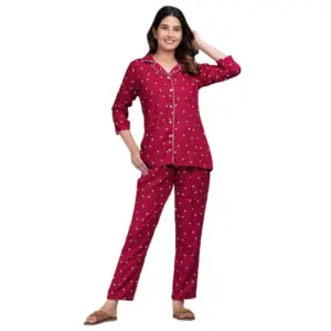 Women's Casual Rayon 3-4th Sleeve Night Suit Set (Maroon)