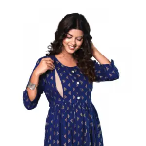 Women's Casual Viscose Rayon 3-4th Sleeve Maternity Kurti (Blue)