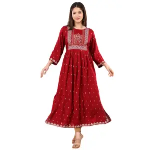 Women's Casual Viscose Rayon 3-4th Sleeve Nayra Cut Kurti (Red)