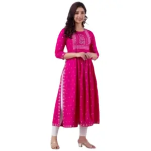 Women's Casual Viscose Rayon 3-4th Sleeve Nayra Cut Kurti (Pink)