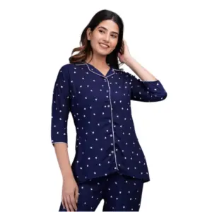 Women's Casual Rayon 3-4th Sleeve Night Suit Set (Blue)