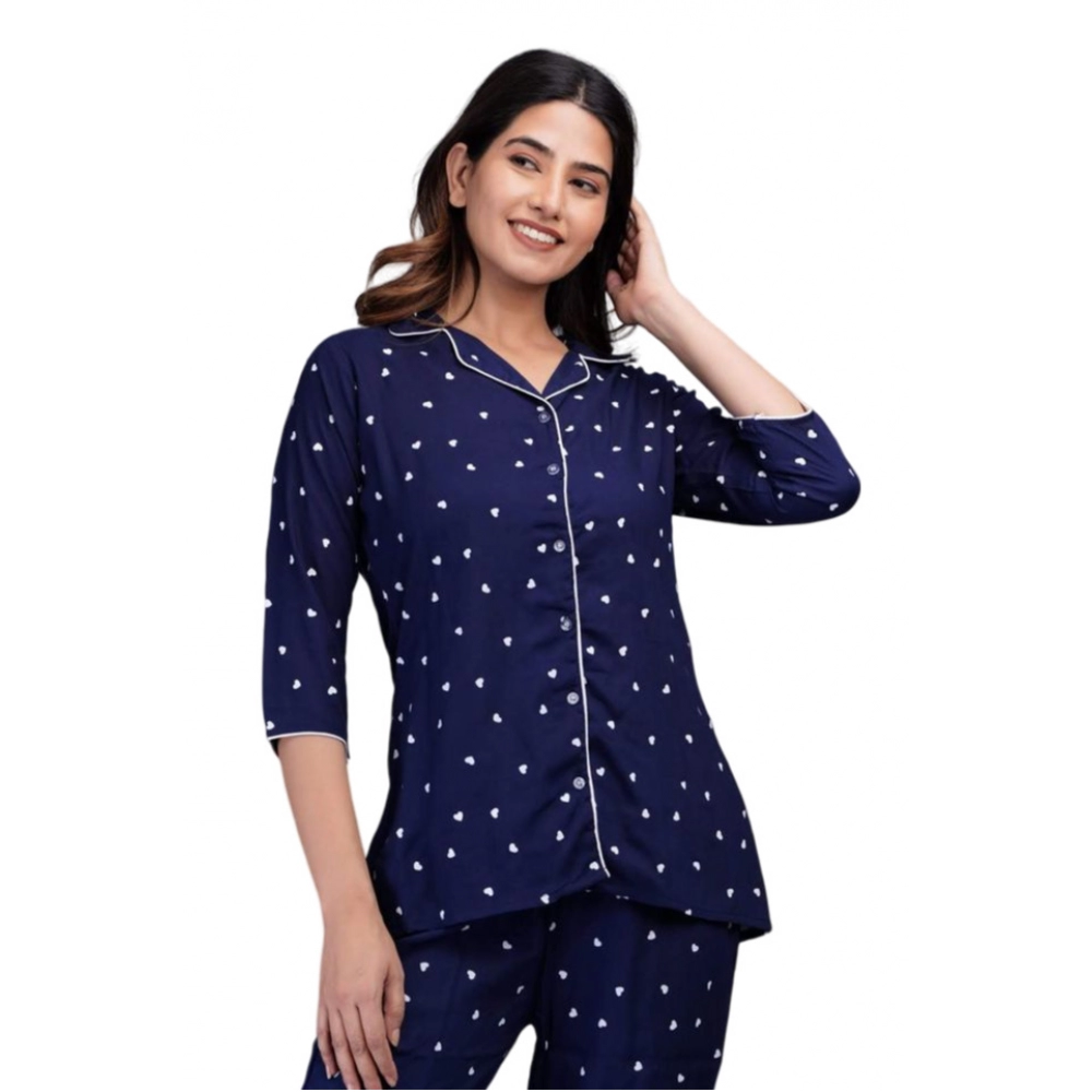 Women's Casual Rayon 3-4th Sleeve Night Suit Set (Blue)