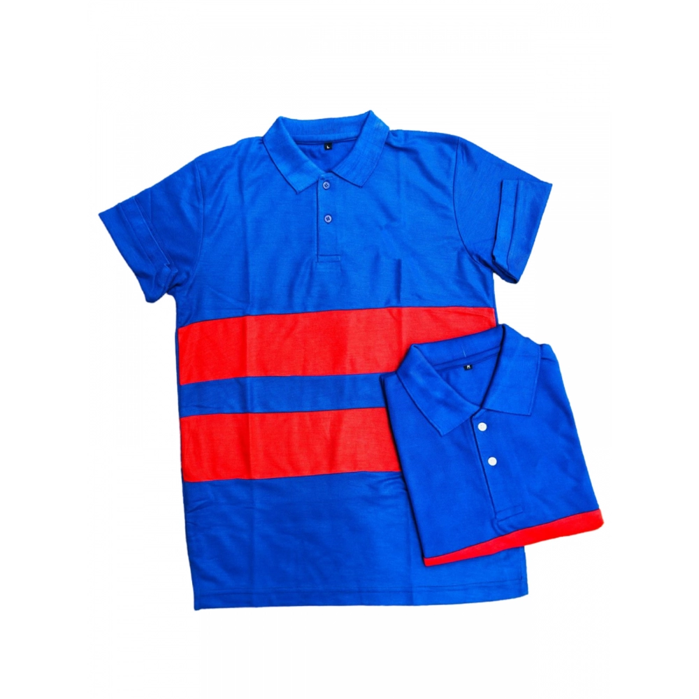Men's?Casual Short Sleeves Cotton Polo Neck T-shirt (Blue)