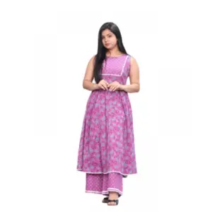 Women's Casual Cotton Sleeve Less Kurti Palazzo Set (Purple)