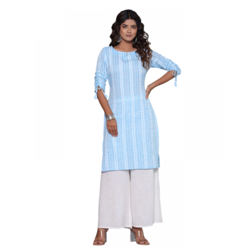 Women's Casual Cotton Blend 3-4th Sleeve Straight Kurti (Aqua Blue)