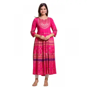 Women's Casual Viscose Rayon 3-4th Sleeve Kurti (Pink)