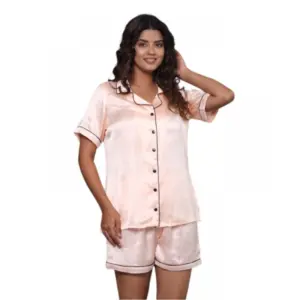 Women's Casual Satin Half Sleeve Night Suit Set (Orange)