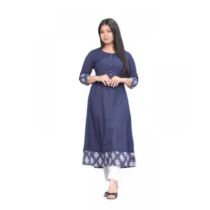 Women's Casual Viscose Rayon 3-4th Sleeve Kurti (Blue)