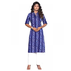 Women's Casual Viscose Rayon 3-4th Sleeve Straight Kurti (Blue)