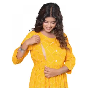Women's Casual Viscose Rayon 3-4th Sleeve Maternity Kurti (Yellow)