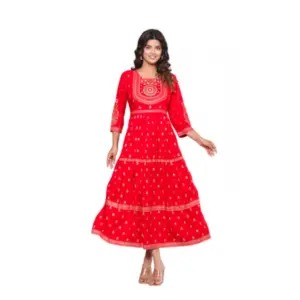Women's Casual Viscose Rayon 3-4th Sleeve Kurti (Red)