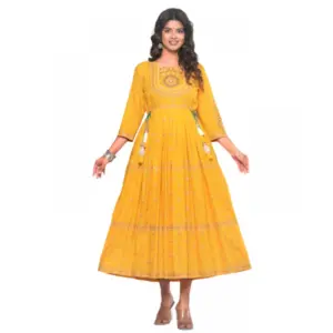 Women's Casual Viscose Rayon 3-4th Sleeve Kurti (Yellow)
