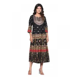 Women's Casual Viscose Rayon 3-4th Sleeve Kurti (Black)
