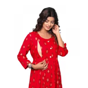 Women's Casual Viscose Rayon 3-4th Sleeve Maternity Kurti (Red)