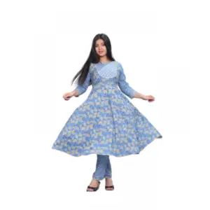 Women's Casual Cotton 3-4th Sleeve Kurti Palazzo Set (Blue)
