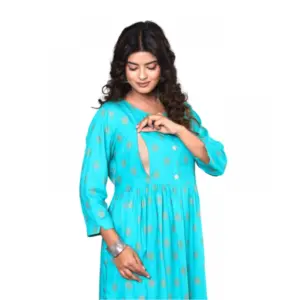 Women's Casual Viscose Rayon 3-4th Sleeve Maternity Kurti (Aqua Blue)