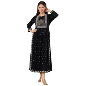 Women's Casual Viscose Rayon 3-4th Sleeve Nayra Cut Kurti (Black)