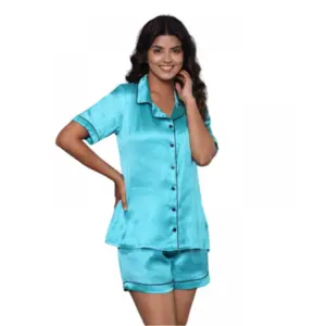 Women's Casual Satin Half Sleeve Night Suit Set (Turquoise)