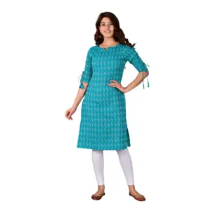 Women's Casual Cotton 3-4th Sleeve Kurti (Aqua Blue)