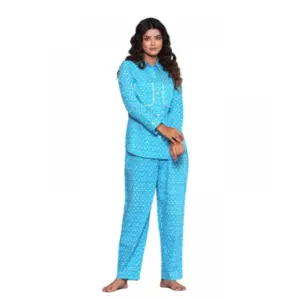 Women's Casual Rayon 3-4th Sleeve Night Suit Set (Blue)