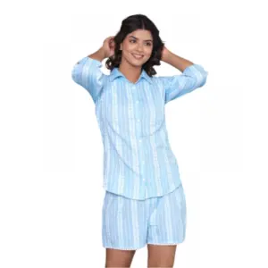Women's Casual Cotton Short Sleeve Short Night Suit Set (Aqua)