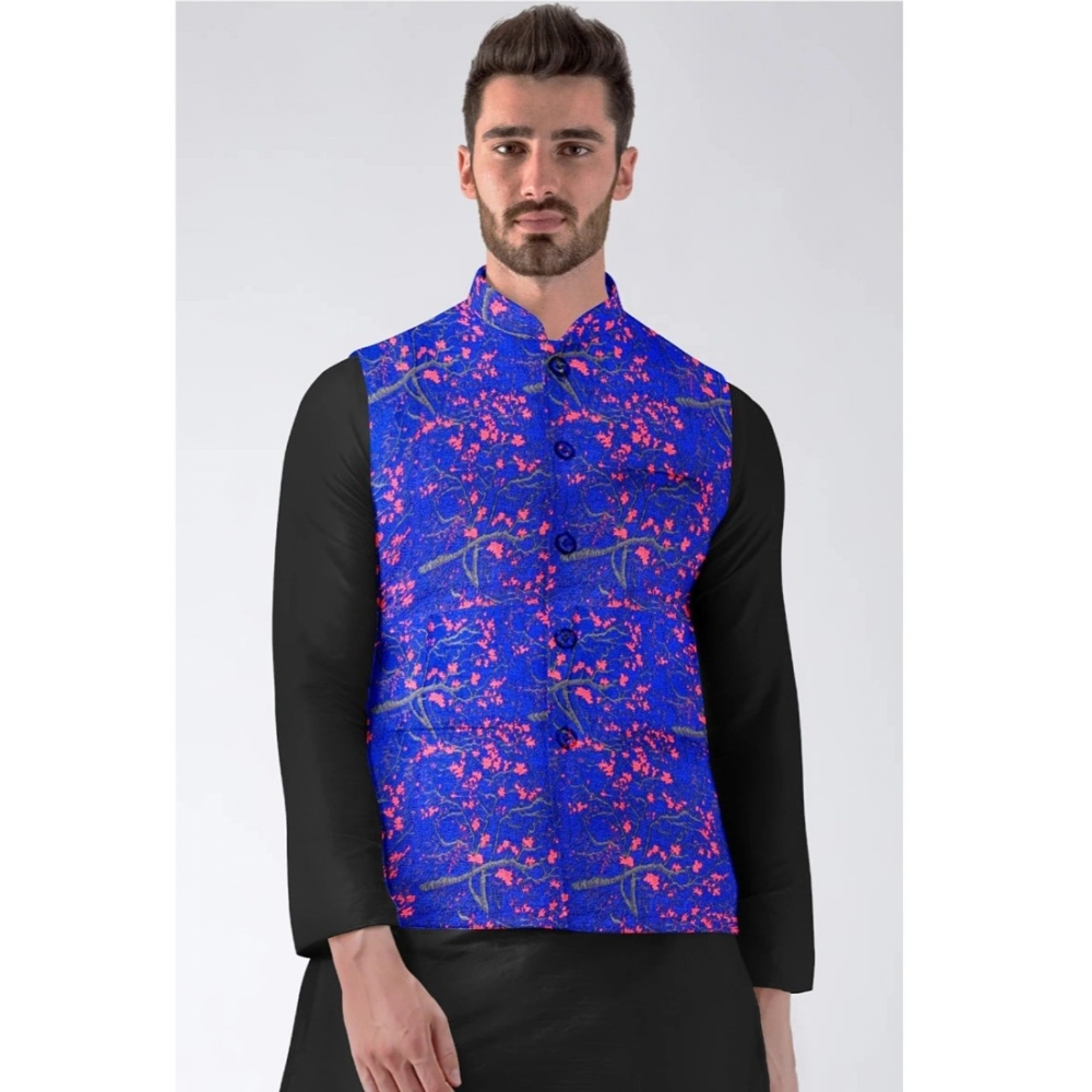Men's Jacquard Printed Full Sleeve Waistcoat (Blue) - Image 2