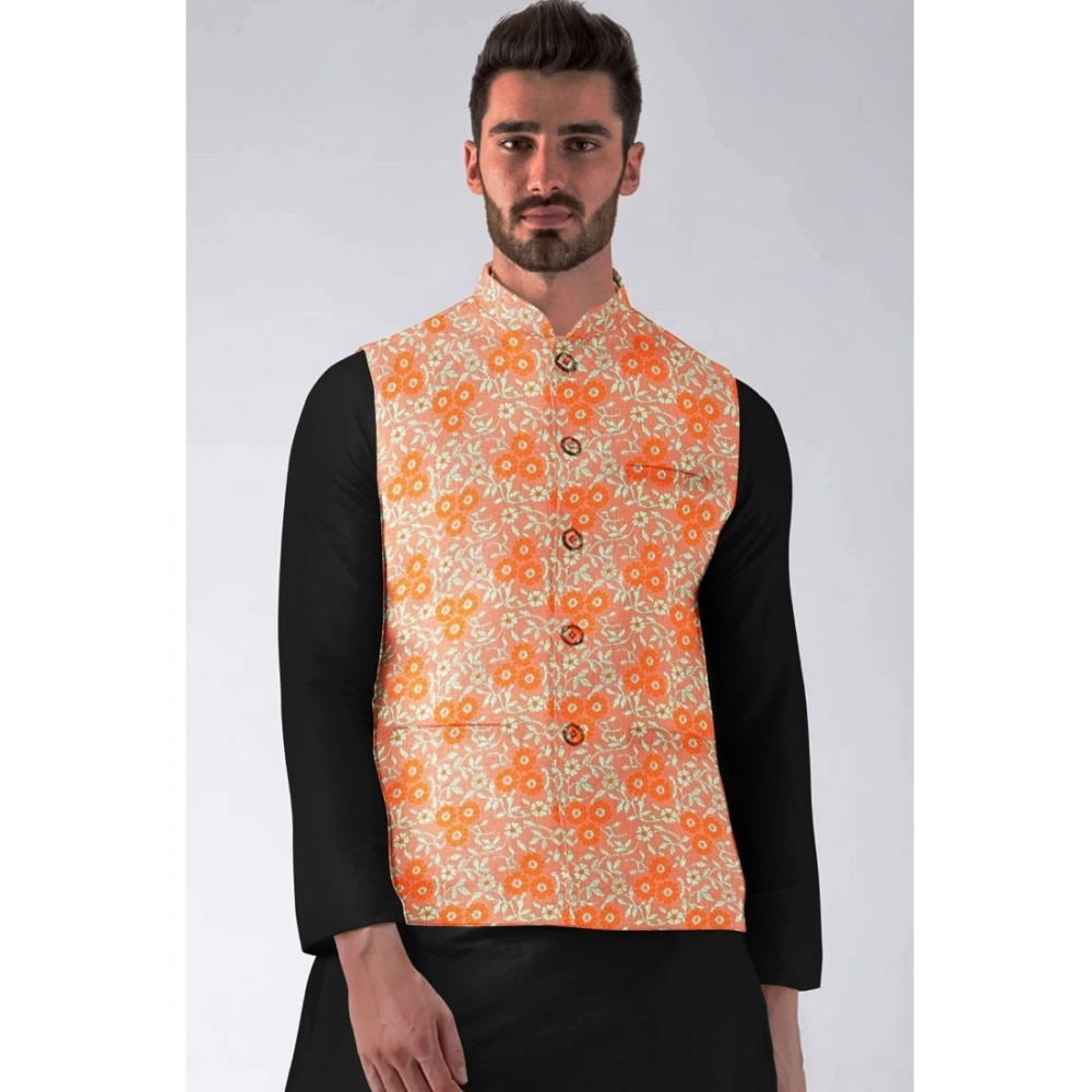 Men's Jacquard Printed Full Sleeve Waistcoat (Orange) - Image 2