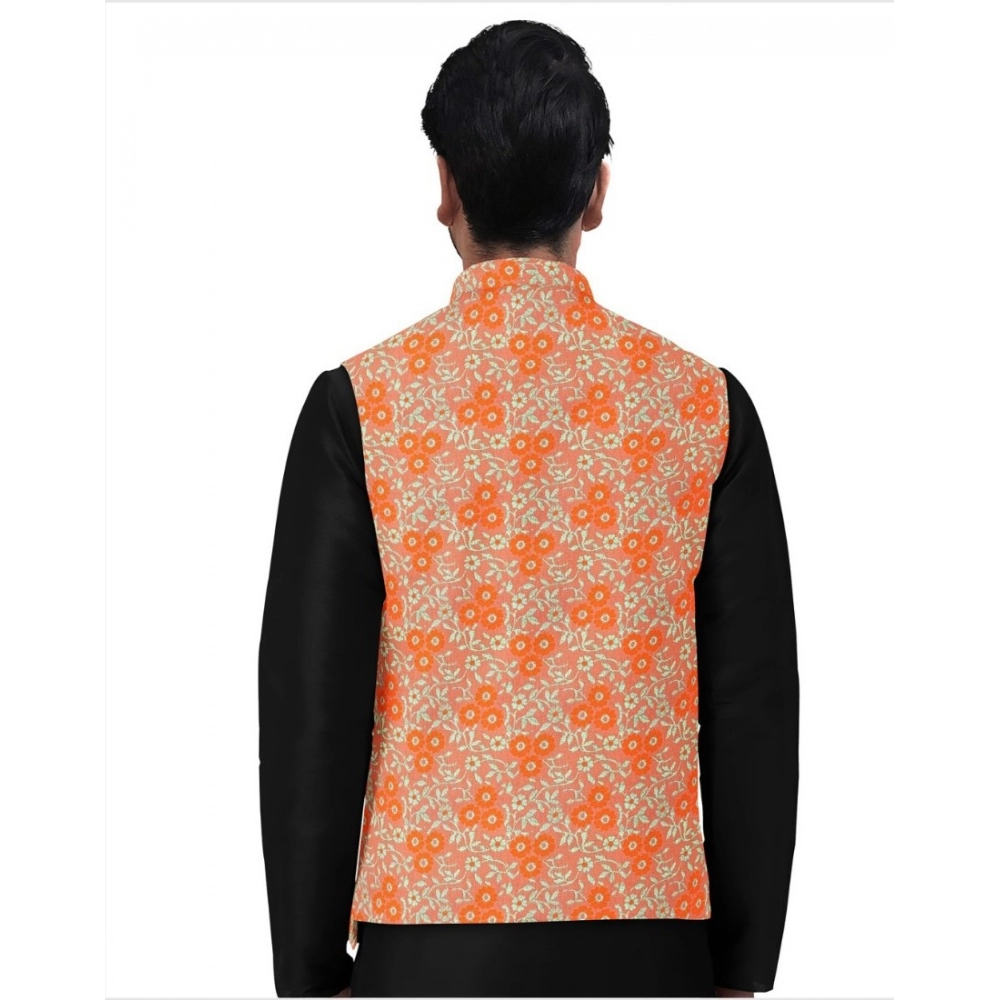 Men's Jacquard Printed Full Sleeve Waistcoat (Orange) - Image 4