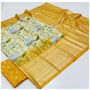 Women's Art Silk Printed Saree With Unstitched Blouse (Yellow, 5-5 Mtrs)