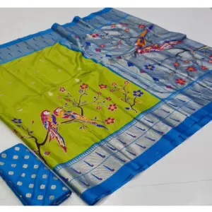 Women's Art Silk Printed Saree With Unstitched Blouse (Green, 5-5 Mtrs)