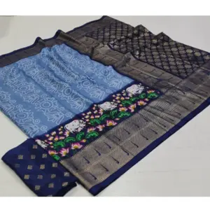 Women's Art Silk Printed Saree With Unstitched Blouse (Blue, 5-5 Mtrs)