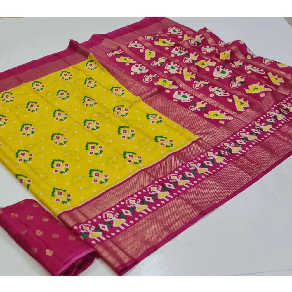 Women's Art Silk Printed Saree With Unstitched Blouse (Yellow, 5-5 Mtrs)