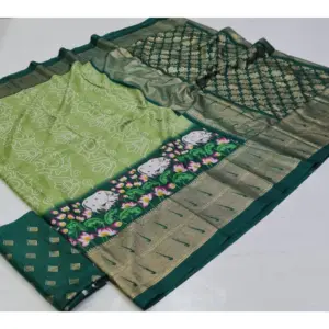 Women's Art Silk Printed Saree With Unstitched Blouse (Green, 5-5 Mtrs)