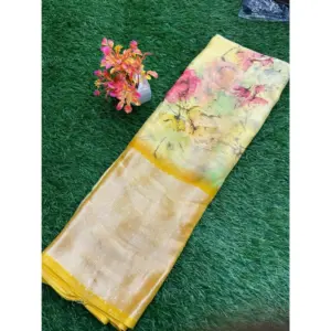 Women's Brasso Printed Saree With Unstitched Blouse (Yellow, 5-5 Mtrs)