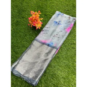 Women's Brasso Printed Saree With Unstitched Blouse (Grey, 5-5 Mtrs)