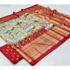 Women's Art Silk Printed Saree With Unstitched Blouse (Red, 5-5 Mtrs)
