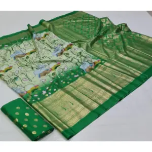 Women's Art Silk Printed Saree With Unstitched Blouse (Green, 5-5 Mtrs)