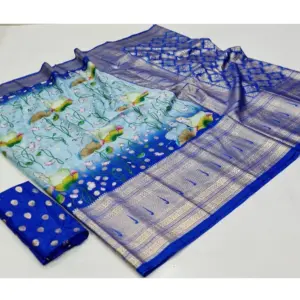 Women's Art Silk Printed Saree With Unstitched Blouse (Blue, 5-5 Mtrs)