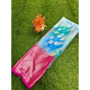 Women's Brasso Printed Saree With Unstitched Blouse (Blue, 5-5 Mtrs)