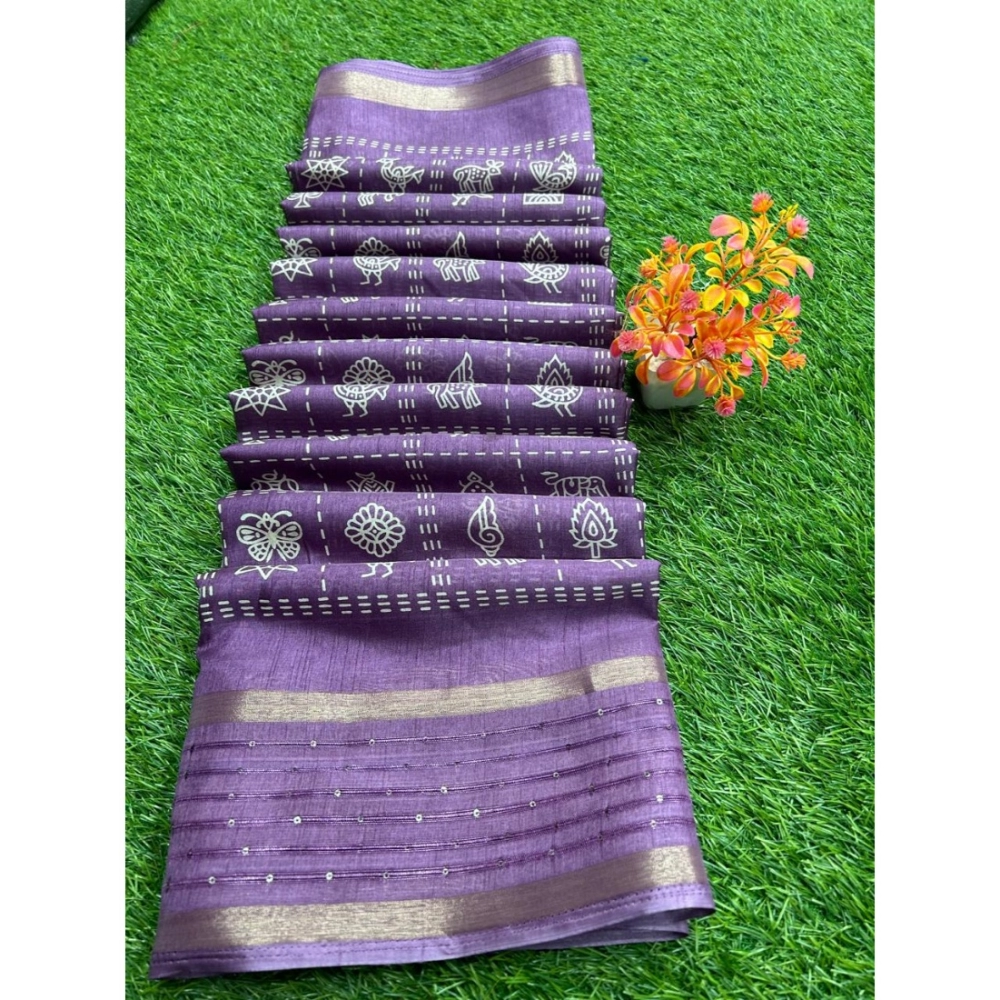 Women's Art Silk Printed Saree With Unstitched Blouse (Purple, 5-5 Mtrs)