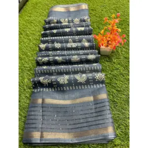 Women's Art Silk Printed Saree With Unstitched Blouse (Dark-Blue, 5-5 Mtrs)