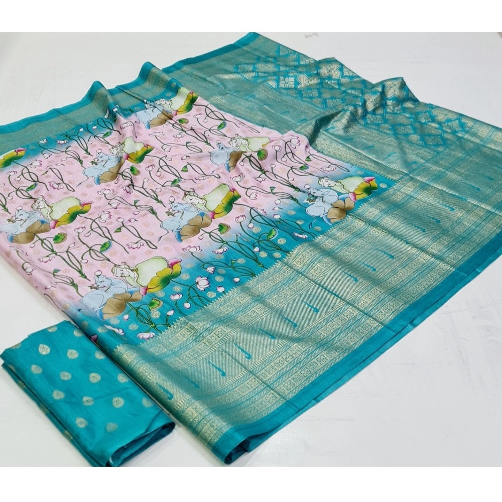 Women's Art Silk Printed Saree With Unstitched Blouse (Light-Blue, 5-5 Mtrs)