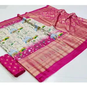 Women's Art Silk Printed Saree With Unstitched Blouse (Pink, 5-5 Mtrs)