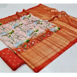 Women's Art Silk Printed Saree With Unstitched Blouse (Orange, 5-5 Mtrs)