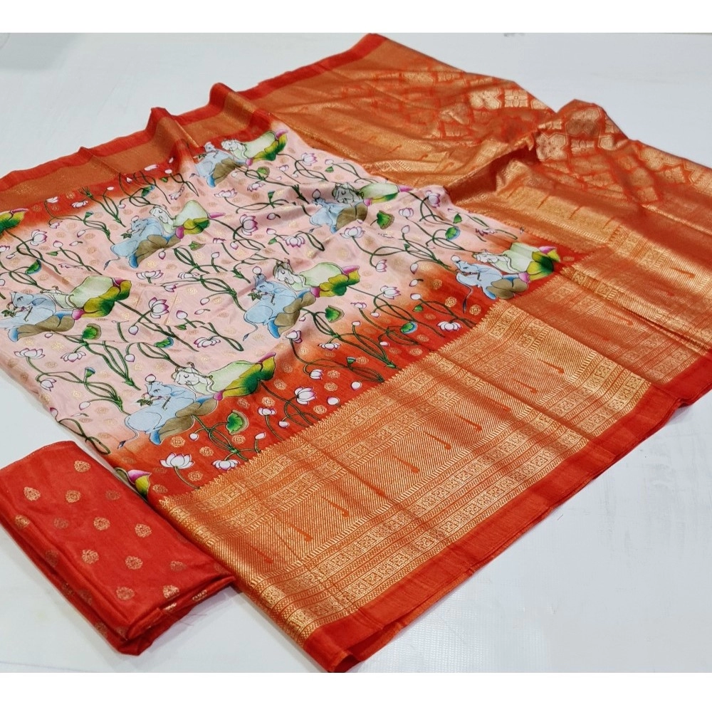 Women's Art Silk Printed Saree With Unstitched Blouse (Orange, 5-5 Mtrs)