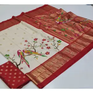 Women's Art Silk Printed Saree With Unstitched Blouse (Beige, 5-5 Mtrs)