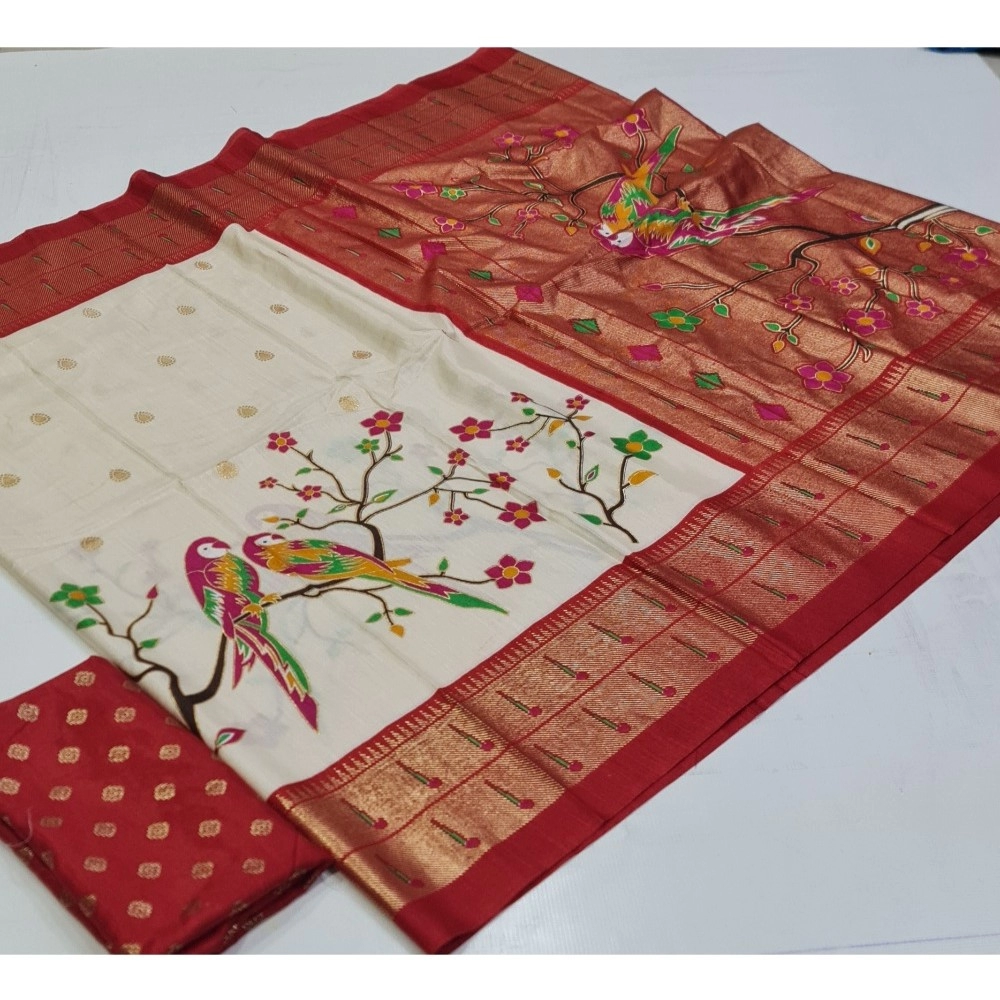 Women's Art Silk Printed Saree With Unstitched Blouse (Beige, 5-5 Mtrs)