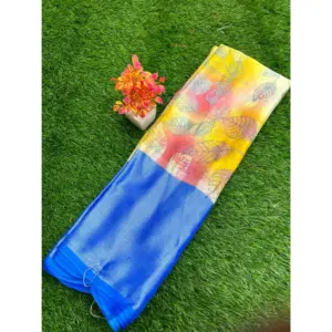 Women's Brasso Printed Saree With Unstitched Blouse (Yellow, 5-5 Mtrs)